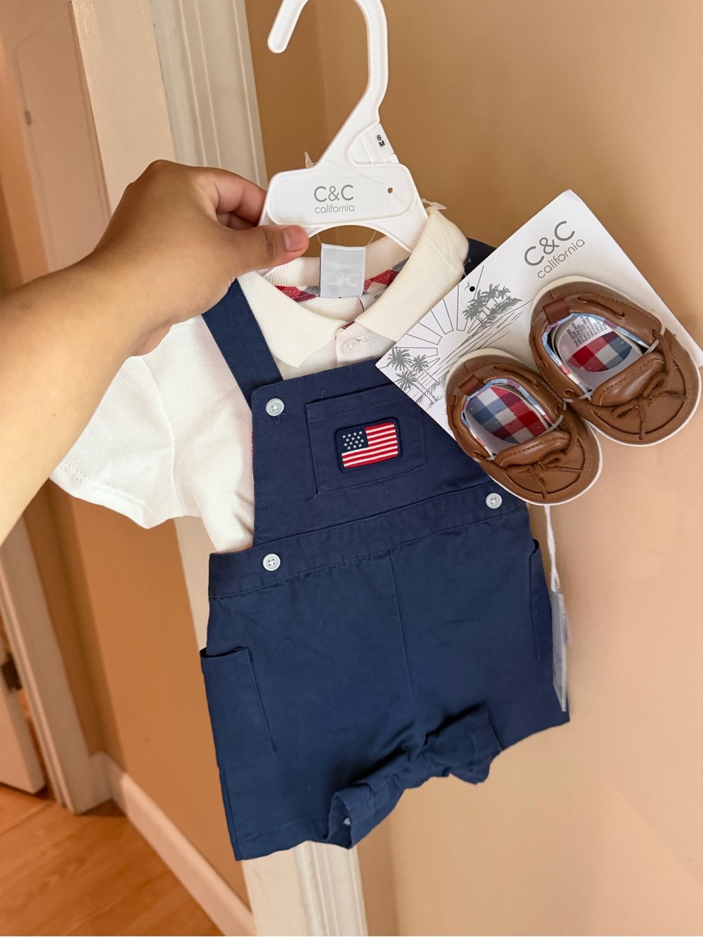 C&C California Navy Short Overalls with White Polo and Brown Moccasins